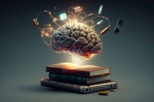 Abstract graphic showing a brain above books and being lit up depicting a growth mindset