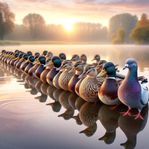 ducks on a pond in a row with one pigeon included