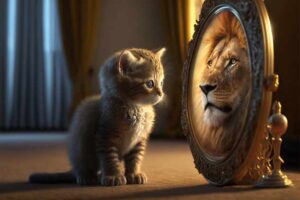 Cat looking in mirror with reflection as a lion